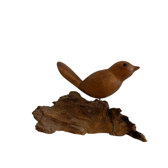Wooden Bird Sculpture Hand Carved on Driftwood Natural Brown - Picture 6 of 6